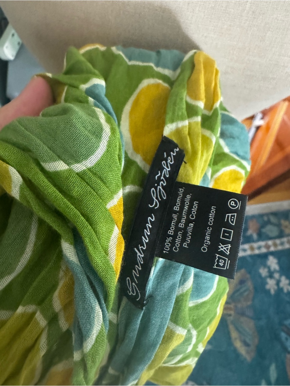 Gudrun Sjoden Green Polka Dot Long Rectangle Scarf Cotton NWOT Lagenlook Boho - Picture 2 of 2